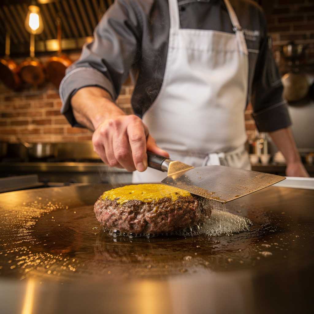 Chef flipping burgers on grill